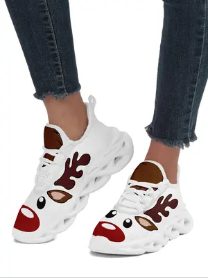 Women's Christmas Themed Lace Up Mesh Sneakers, Casual Comfortable Breathable Sports Running Shoes, Female All-match Round To...