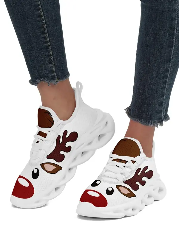 Women's Christmas Themed Lace Up Mesh Sneakers, Casual Comfortable Breathable Sports Running Shoes, Female All-match Round To...