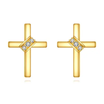 14K Gold Moissanite Cross Stud Earrings