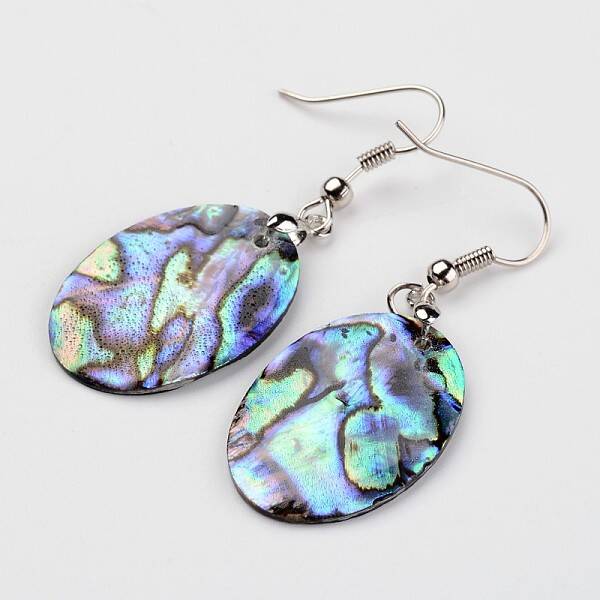 Oval Platinum Tone Brass Natural Paua Shell Dangle Earrings