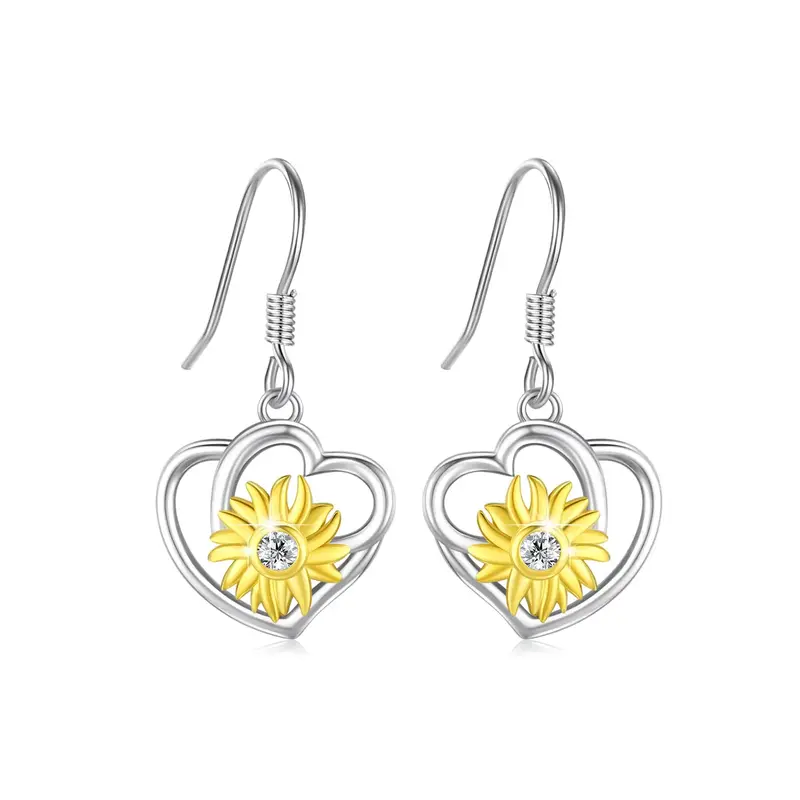 Sterling Silver Two-tone Cubic Zirconia Sunflower Heart Drop Earrings