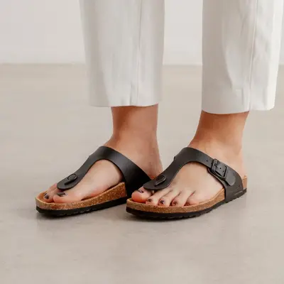 Malaga Vegan Leather Cork Sandal - Black | Select Size: 6 US (37EU) | Color: Black