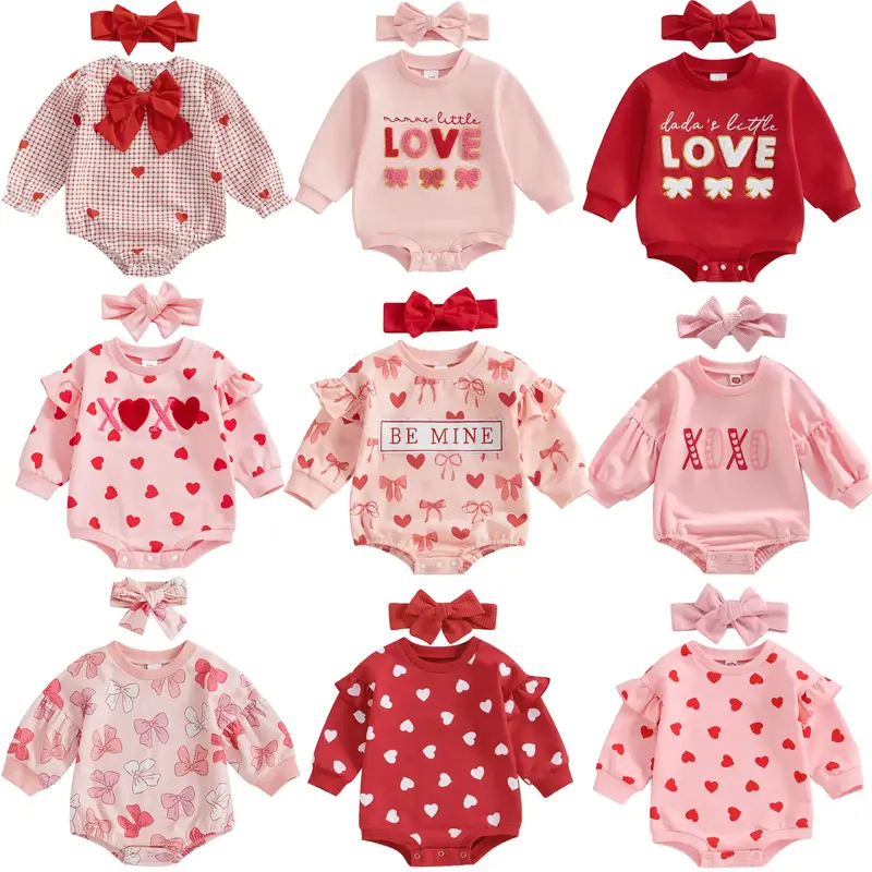 Newborn Baby Girl Valentines Day Outfits Oversized Heart Print Ruffle Long Sleeve Sweatshirt Romper  Bodysuit