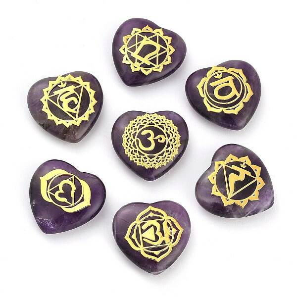 7Pcs 7 Styles Chakra Natural Amethyst Love Heart Ornaments Figurines