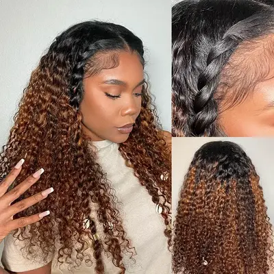 Glueless 360 Invisi Strap Upgrade Cap Lace Frontal Wig Brown Ombre With Black Roots Water Wave With Pre-Bleached Seamless Kno...