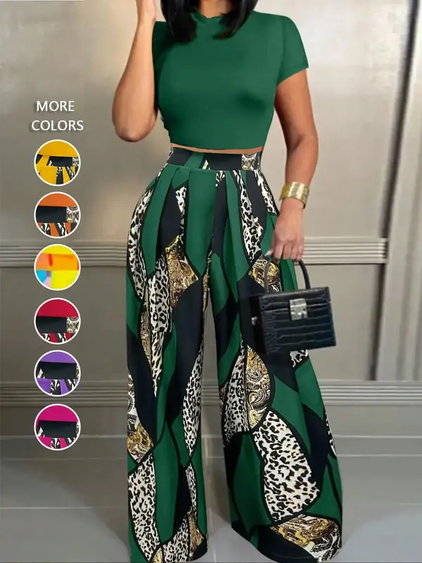 Women's Solid Mock Neck Crop Tee & Leopard Print Plicated Pants Two-Piece Set for Daily Outdoor Wear, Ladies Clothes for All...