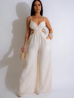 Women's Solid Backless Deep V Neck Wide Leg Jumpsuit, Casual Pocket Sleeveless Cami Jumpsuit for Spring & Fall, Women's Cloth...