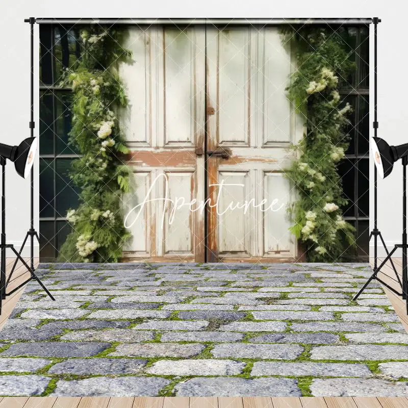 Aperturee Wood Door Greenery Floor Tiles Combo Set Backdrop, 7 x 5 ft / 7 x 5 ft, 97.4 USD, combo set backdrops, MMHD7A96-D, ...
