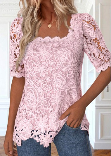 Modlily Pink Lace Half Sleeve Square Neck Blouse - L