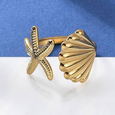 304 Stainless Steel Starfish & Shell Open Cuff Rings for Women