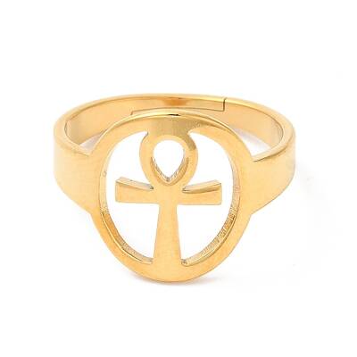 Ion Plating(IP) 304 Stainless Steel Hollow Ankh Corss Adjustable Ring for Women