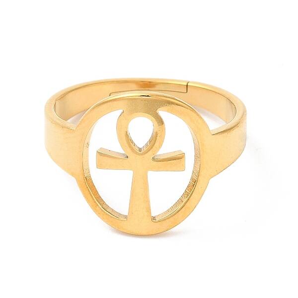 Ion Plating(IP) 304 Stainless Steel Hollow Ankh Corss Adjustable Ring for Women