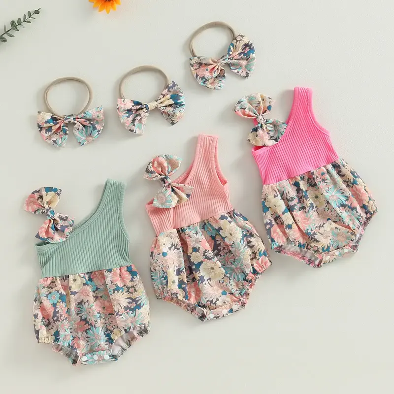 Baby Girl Two Piece Outfits Summer Floral One Shoulder Romper and Stretch Headband Cute Clothes