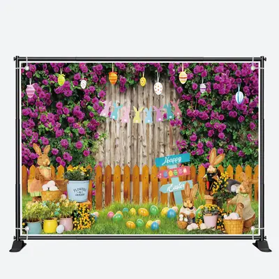 Purple Floral Wall Fence Bunny Eggs Easter Backdrop - Aperturee