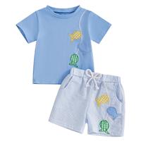 Toddler Baby Boy Fish Outfit Fishing Embroidery Short Sleeve T-Shirt Striped Print Shorts Set 2Pcs Infant Summer Clothes