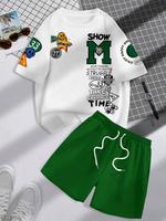 Men's Letter Print Short Sleeve Crewneck Tee & Shorts Two-piece Set, Regular Fit Round Neck Shortsleeve T-shirt & Track Short...