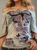 Women's Butterfly Print Off the Shoulder Tee, Vintage Trendy Casual T-shirt for Daily Wear, Ladies Top for Summer