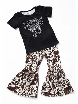 Black Cow Leopard Print Shorts Sleeve Bell pants Girls set