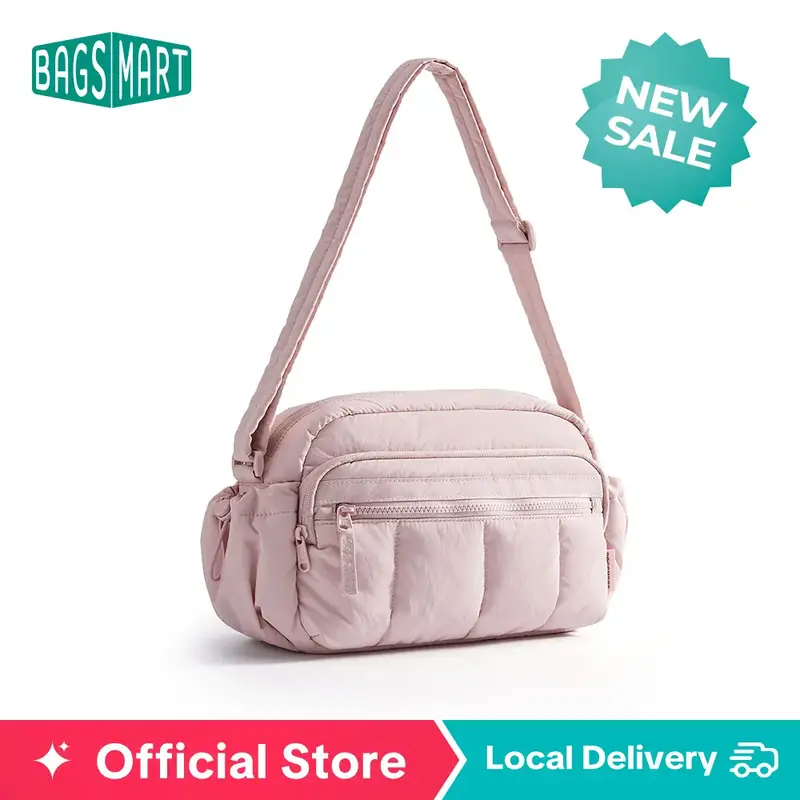 BAGSMART Puffy Crossbody Bag, Anti-sheft Travel Purse for Women,  Handbag with Water Bottle Holder Basic Style Pink Color