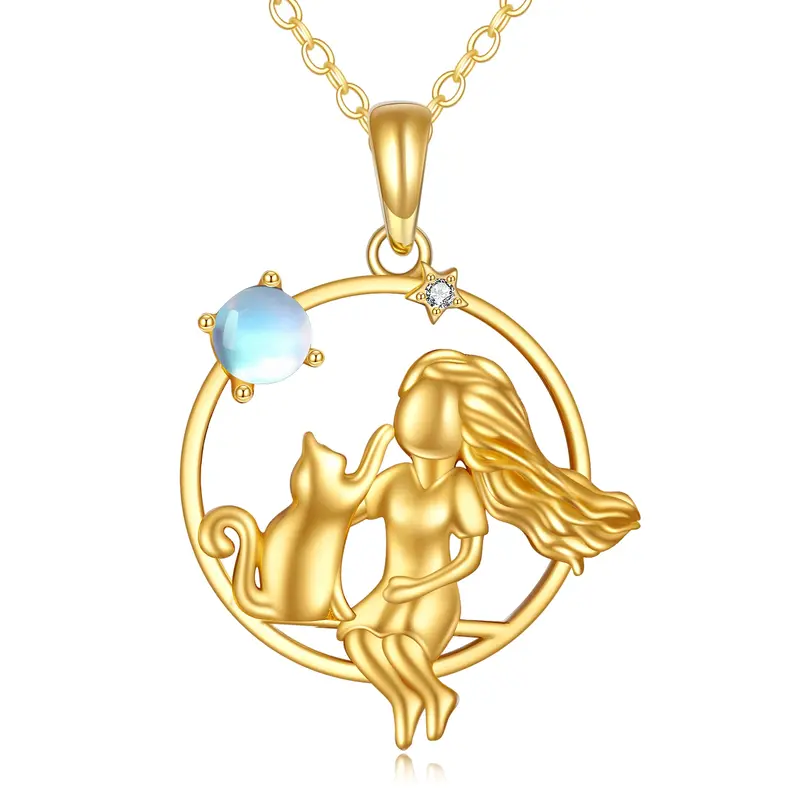 14K Gold Moonstone Cat&Girl Pendant Necklace