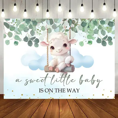 Little Lamb Greenery Blue White Baby Shower Backdrop - Aperturee