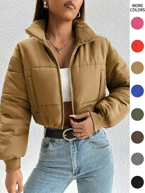 Women's Solid Zip Up Drop Shoulder Stand Collar Crop Puffer Jacket without Top, Winter Clothes Women, Comfort Basic Fabric fo...