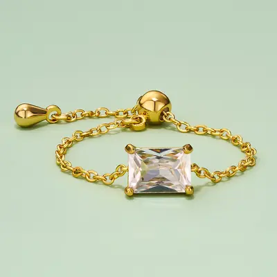 Oval/Rectangle/Heart CZ Adjustable Chain Ring - Gold / Rectangle
