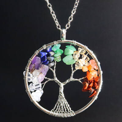 Natural Stone Chip Tree Of Life Chakra Pendant Necklaces