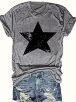 Women's Star Print Round Neck Tee, Casual Short Sleeve Crew Neck T-Shirt for Summer, Fashion Women's Top for Daily Wear