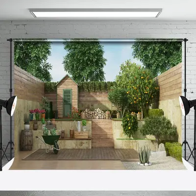 Aperturee Natural Harmony Wooden Yard Tranquil Pond Backdrop