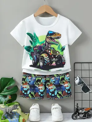 Two-Piece Set Boy's Dinosaur Print Short Sleeve Tee & Shorts, Casual Round Neck T-Shirt & Shorts for Daily Wear, Kids Clothin...