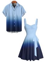 2025 Casual Couple Outfit Women's Ombre Ruched Bust Belt Sweetheart Neck A Line Mini Dress and Men's Roll Up Sleeve Shirt Mat...
