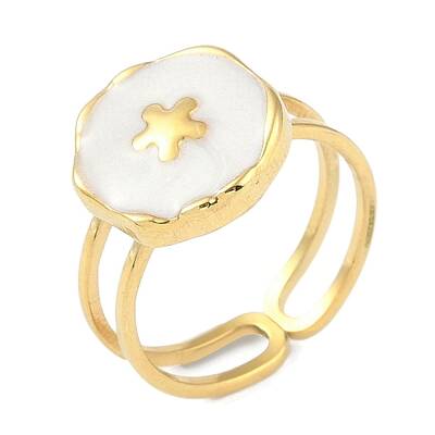 Ion Plating(IP) 304 Stainless Steel Enamel Flat Round with Flower Cuff Finger Rings