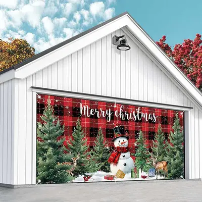 Aperturee Red Black Plaid Snowman Christmas Garage Door Banner