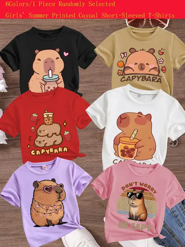 Girls Summer Fashion Cartoon Print Short Sleeve T-Shirt, Random Style, Comfortable and Versatile, Perfect Gift for Kids, Casu...