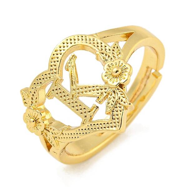 Heart with Letter & Flower Rack Plating Brass Adjustable Rings for Women