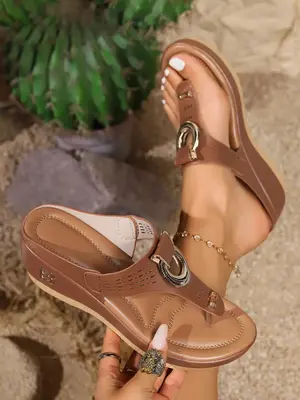 Women's 2024 Summer Plain Color Wedge Sandals, Comfort Vintage Pu Leather Toe Thong Slide Designer Sandals for Beach, Platfor...