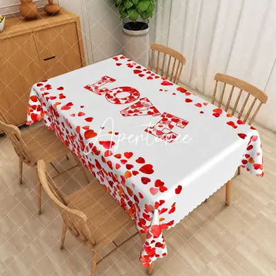 Aperturee Red And White Love Heart Valentines Day Tablecloth, 52 x 70 inch, 30.82 USD, rectangle tablecloths, ZJY04978-A