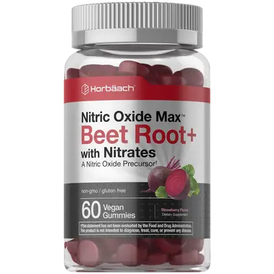 Horbäach Nitric Oxide Beet Root Gummies | 60 Count | with Nitrates | Strawberry Flavor | Vegan, Non-GMO, Gluten Free Supplem...