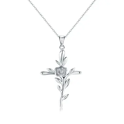 Sterling Silver Rose & Cross Pendant Necklace
