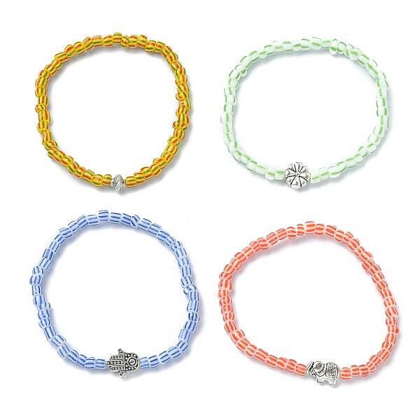Glass Seed & Alloy Beaded Stretch Bracelets