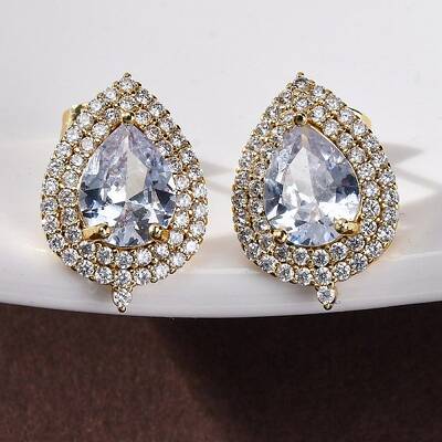 Teardrop Brass Micro Pave Clear Cubic Zirconia Stud Earrings