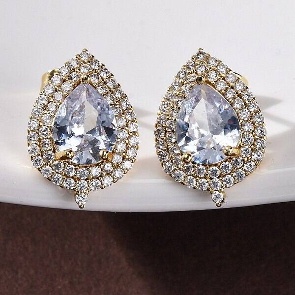 Teardrop Brass Micro Pave Clear Cubic Zirconia Stud Earrings