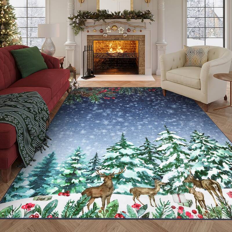 Garvee Christmas Rug 5x7 Red Polyester Washable Non-Slip Soft Faux Wool Holiday Floor Mat for Living Room Bedroom Dining Room
