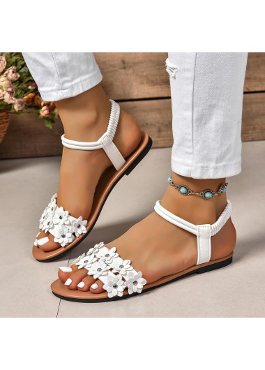 Modlily White Floral Round Toe Falt Sandals - 38