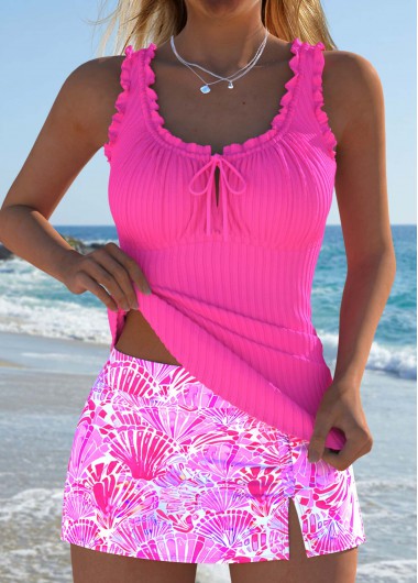 Modlily Mid Waisted Marine Life Print Hot Pink Tankini Set - S
