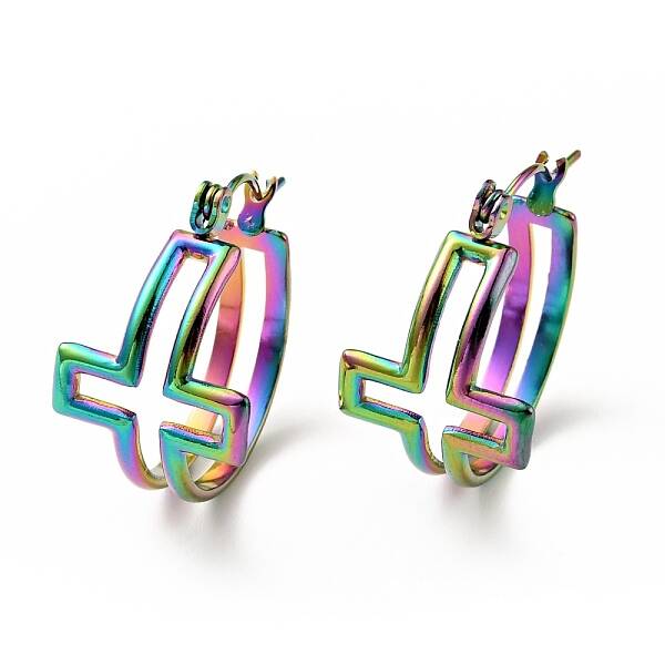 Ion Plating(IP) Rainbow Color 304 Stainless Steel Cross Hoop Earrings for Women
