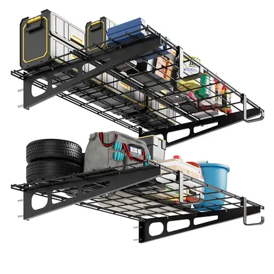 Garvee Heavy-Duty Garage Wall Mounted Shelves 2x4 FT 400 Lbs Load Capacity Metal Steel Sandblasted Surface Hook Design 2 Pack...