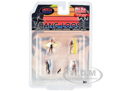 Hang Loose 5 piece Diecast Set (4 Surfer Figures and 1 Dog) Limited Edition to 4800 pieces Worldwide for 1/64 Scale Models ...