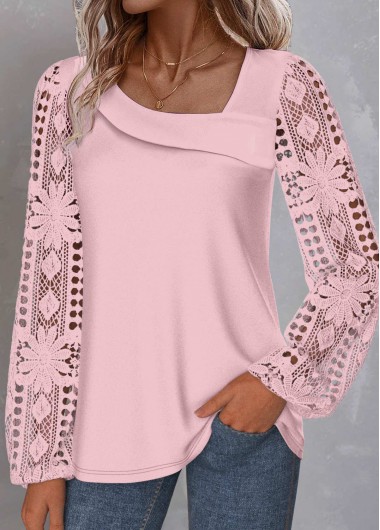 Modlily Light Pink Lace Long Sleeve Asymmetrical Neck Blouse - XXL